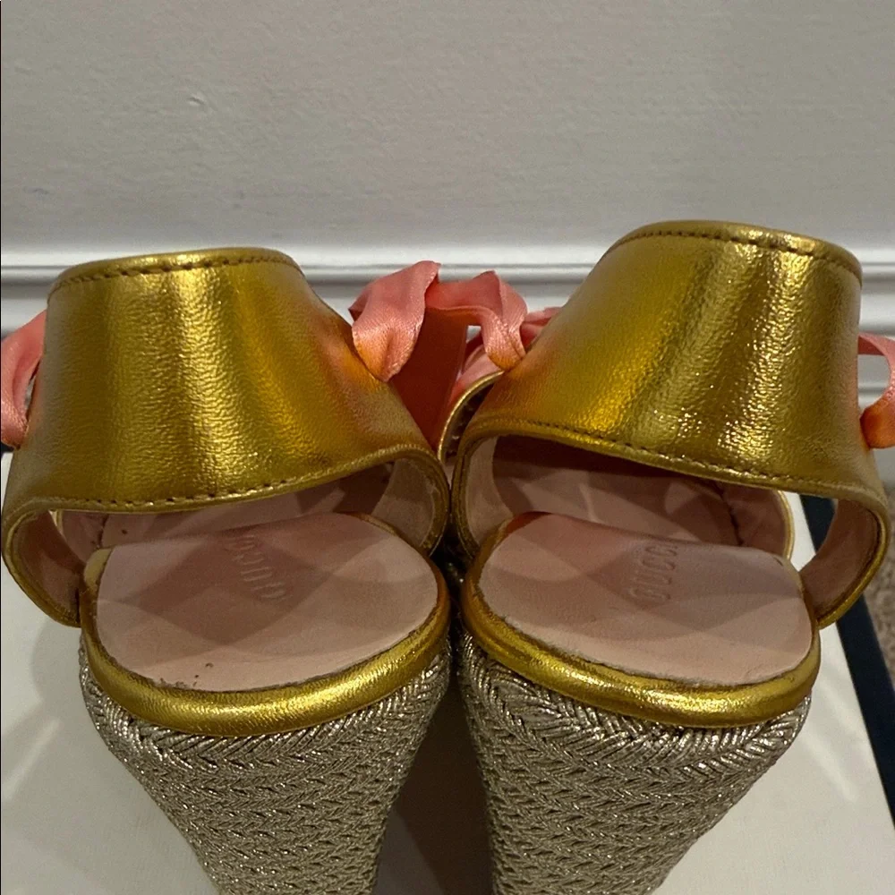Gucci Gold Espadrille Wedge Sandals Pink Ribbon Tie Platform 37